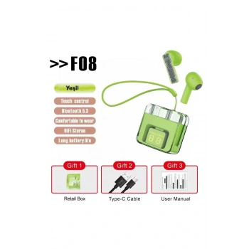 F08 Dijital Şarj Göstergeli TWS Bluetooth Kulaklık - Yeşil