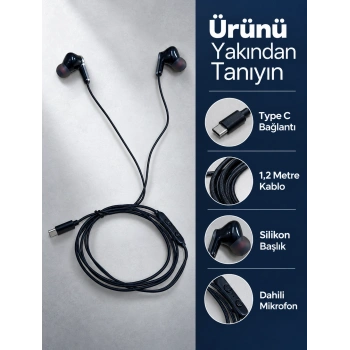 Dahili Mikrofonlu Type C Kablolu Kulaklık Siyah Gövde