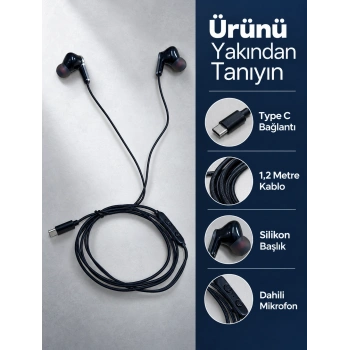 Dahili Mikrofonlu Type C Kablolu Kulaklık Siyah Gövde