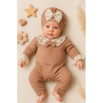 Dantel Yaka Detaylı Şapkalı 2Li Kız Bebek Tulum