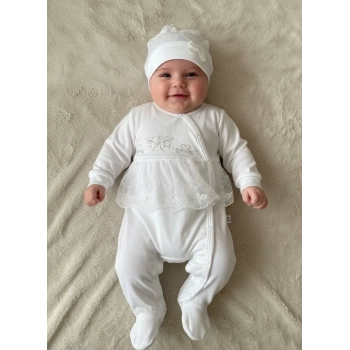 Dantelli Çiçek Nakışlı Kız Bebek Tulum %100 Pamuk