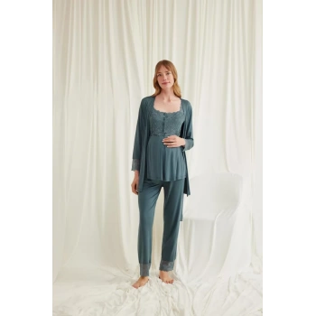 Dantelli Önü Düğmeli Hamile Lohusa 3lü Viskon Pijama Takımı