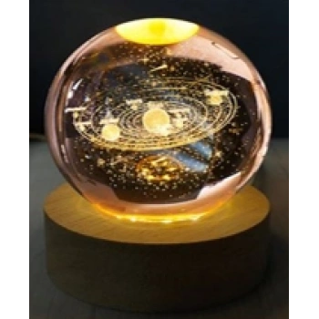 Dekoratif Gezegen Tasarımlı Ahşap altlıklı Işıklı Cam Küre Büyük Boy Cam 8 Cm Ahşap 2 Cm