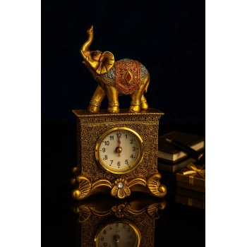 Dekoratif Gold Fil Figürlü Masa Saati – 19 cm | Şık Ev & Ofis Aksesuarı