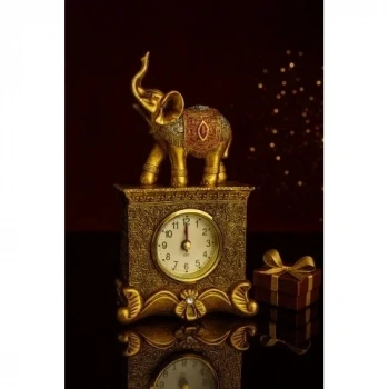 Dekoratif Gold Fil Figürlü Masa Saati – 19 cm | Şık Ev & Ofis Aksesuarı