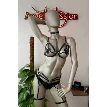 Deri Jartiyer Siyah Harness Takım - Brf451