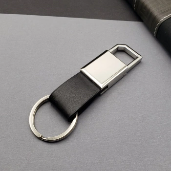 Deri Siyah Gümüş Metal Anahtarlık