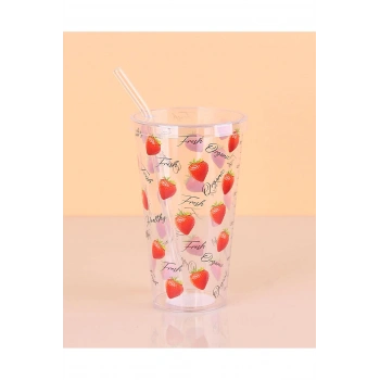 Desenli Plastik Pipetli Bardak 16 Cm 1 Adet -ENF-040