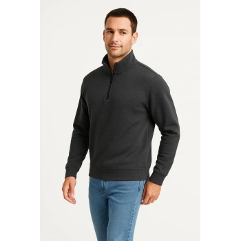 Dik Yaka Sweatshirt Dik Yaka Yarım Fermuarlı 3 İplik Şardonlu Pamuk Kumaş - Antrasit -