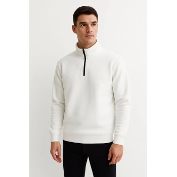 Dik Yaka Sweatshirt Dik Yaka Yarım Fermuarlı 3 İplik Şardonlu Pamuk Kumaş - Beyaz -