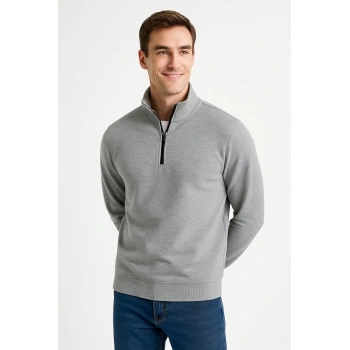 Dik Yaka Sweatshirt Dik Yaka Yarım Fermuarlı 3 İplik Şardonlu Pamuk Kumaş - Gri -