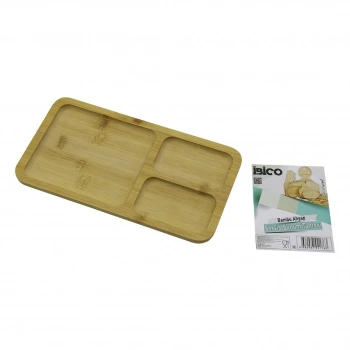 DİKDÖRTGEN 3 BÖLMELİ=2+1 AHŞAP BAMBU SERVİS SUNUM TEPSİ - TAHTASI 24.8 X 13.8 X 1.4CM (4887)