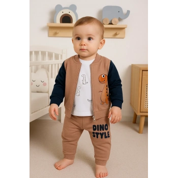 Dinazor Desenli Hırkalı 3lü Erkek Bebek Takım