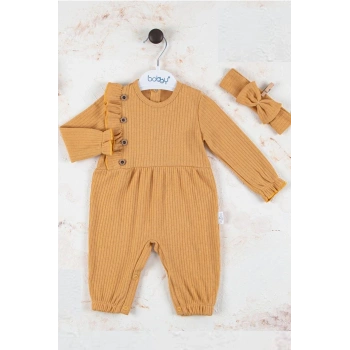 Düğme Detaylı Bandanalı % 100 Pamuk Kız Bebek Tulumu