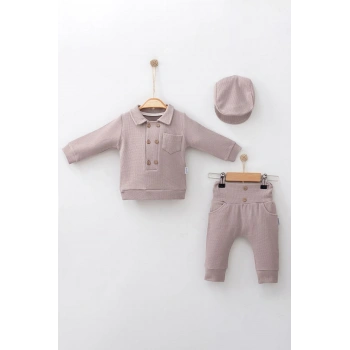 Düğmeli Lüx % 100 Pamuk Şapkalı 3lü Erkek Bebek Takım