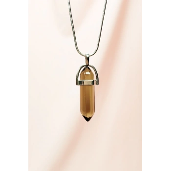 Dumanlı Kuvars Doğal Taşı Zincirli El Yapımı Tasarımlı Kolye Uç: 3,5 cm Zincir: 20 cm Kutulu