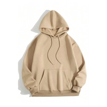 Düz Kapüşonlu Sweat - Bej -