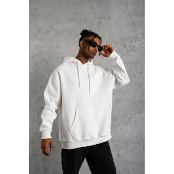 Düz Kapüşonlu Sweat - Beyaz -