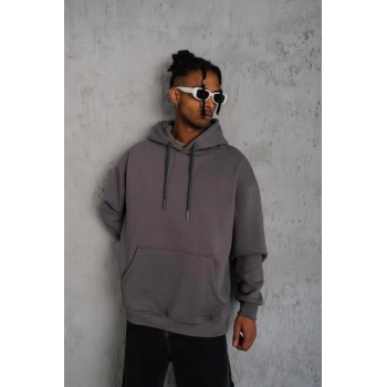 Düz Kapüşonlu Sweat - Gri -