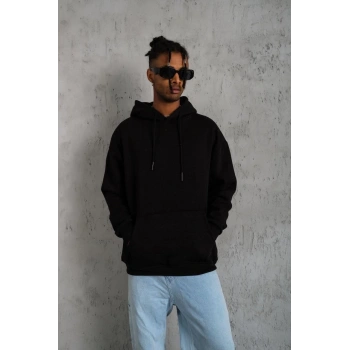 Düz Kapüşonlu Sweat - Siyah -