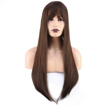 Düz Perçemli Uzun Fiber Sentetik Peruk - Kahve Karamel