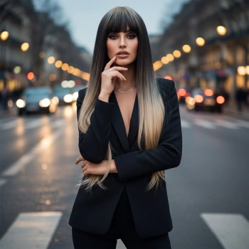 Düz Perçemli Uzun Fiber Sentetik Peruk - Küllü Siyah / Balköpüğü Ombreli