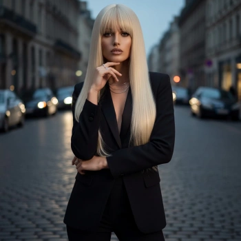 Düz Perçemli Uzun Fiber Sentetik Peruk - Platin