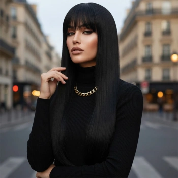 Düz Perçemli Uzun Fiber Sentetik Peruk - Siyah