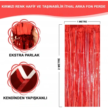 Ekstra Metalize Parlak Saçaklı Arka Fon Perde Kırmızı