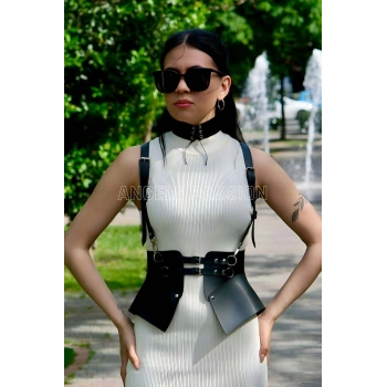 Elbise, T-shirt Ve Gömlek Üzeri Deri Şık Kemer Ve Choker Takım - Brf622