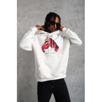 Eldiven Baskılı Kapüşonlu Sweat - Beyaz -