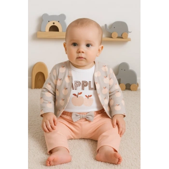 Elma Desenli Ceketli 3lü Kız Bebek Takımı