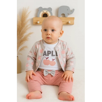 Elma Desenli Ceketli 3lü Kız Bebek Takımı