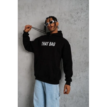 Erkek 3 İplik Pamuklu Kapüşonlu Baskılı Cepli Oversize Sweatshirt Hoodie - Siyah