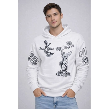 Erkek 3 İplik Pamuklu Kapüşonlu Baskılı SweatShirt hoodie - Beyaz
