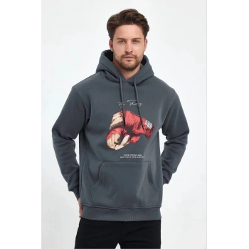 Erkek 3 İplik Pamuklu Kapüşonlu Cepli Boks Eldiven Baskılı Hoodie Sweatshirt - Füme