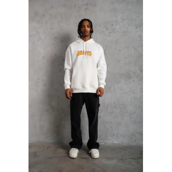 Erkek Baskılı Kapüşonlu 3 iplik pamuklu hoodie Sweatshirt - Beyaz
