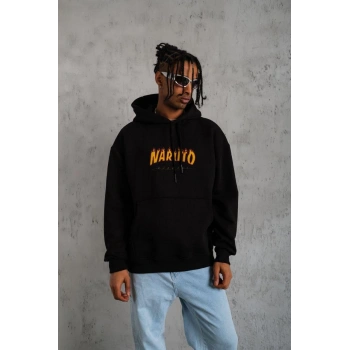 Erkek Baskılı Kapüşonlu 3 iplik pamuklu hoodie Sweatshirt - Siyah