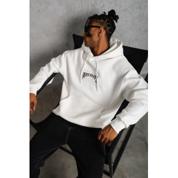 Erkek Baskılı Kapüşonlu ve Kanguru Cepli Sweatshirt hoodie - Beyaz