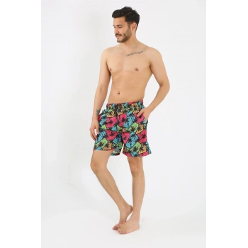 Erkek Desenli Fermuar Cepli Deniz Şortu Siyah