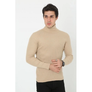 Erkek Fitilli Kaşkorse Kumaş Boğazlı Full Likralı Slimfit Body - Bej