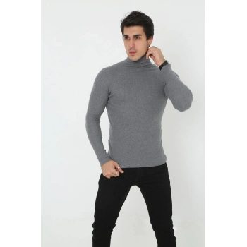 Erkek Fitilli Kaşkorse Kumaş Boğazlı Full Likralı Slimfit Body - Füme