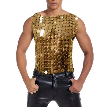 Erkek GoldPul Detaylı Transparan Parti Bluz,Festival Stil Erkek Pul İşlemeli Sahne Üst,Kostüm