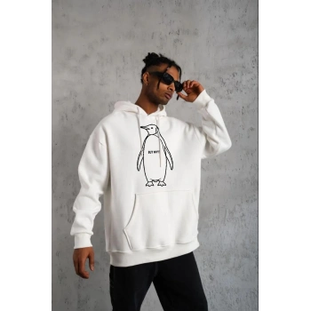 Erkek Nihilist Penguen Baskılı 3 İplik Pamuklu Kapüşonlu Sweatshirt Hoodie Beyaz