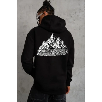 Erkek Nihilist Penguen Baskılı 3 İplik Pamuklu Kapüşonlu Sweatshirt Hoodie Siyah