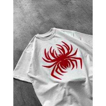 Erkek Örümcek Baskılı Tişört Kısa Kollu Bisiklet Yaka T-Shirt - Beyaz