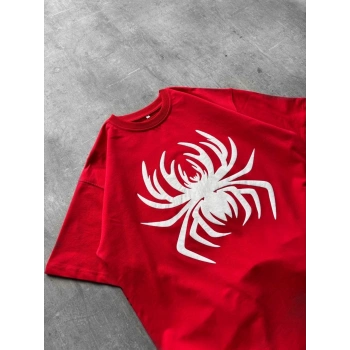 Erkek Örümcek Baskılı Tişört Kısa Kollu Bisiklet Yaka T-Shirt - Kırmızı