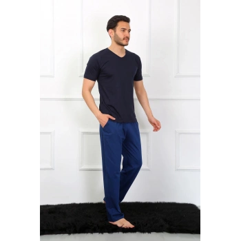 Erkek Penye 3lü Lacivert V Yaka Pijama Takımı