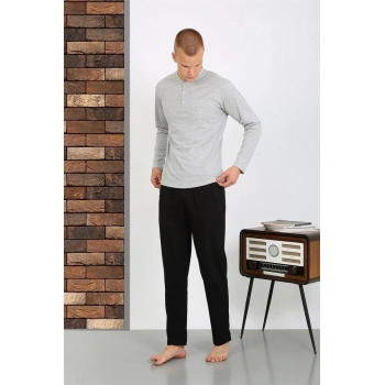 Erkek Penye Uzun Kol Pijama Takımı GRİ