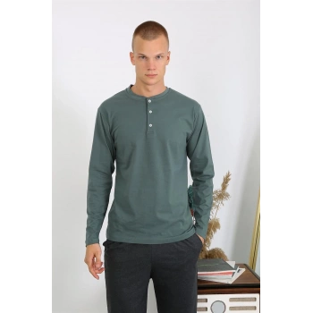 Erkek Penye Uzun Kol Pijama Takımı Haki